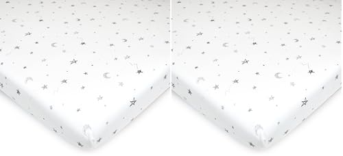 Image of TL Care 100% Natural Cotton Fitted Mini Crib Sheet 38 inch x 24 inch - Soft & Breathable Small Nesting Portable Crib Sheet, Fits Pack N Play Mattresses, Stars and Moons, for Boys & Girls (Pack of 2)