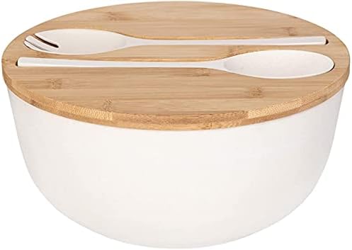 XUEJUN Salad Bowl with Servers Set - Large 9.8 inches Mixing Bowls Solid Bamboo Salad Wooden Bowl with Bamboo Lid Spoon for Fruits,Salads and Decoration (White, 9.8INCH)