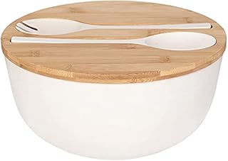 XUEJUN Salad Bowl with Servers Set - Large 9.8 inches Mixing Bowls Solid Bamboo Salad Wooden Bowl with Bamboo Lid Spoon for Fruits,Salads and Decoration (White, 9.8INCH)