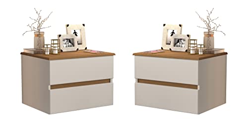 KIT 2 Mesas De Cabeceira Suspensa Flutuante Tóquio 2 Gavetas Para Quarto (Off White/Freijó)