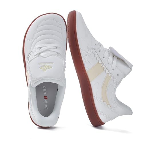 Image of JACKSHIBO Barefoot Shoes Slip in Women Hands Free Wide Toe Box Slip on Ribbon Long Tongue Arch Support Walking Tennis Lace Sneakers for Plantar Fasciitis Orthopedic Zero Drop Gum Sole Minimalist Shoe