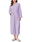 Ekouaer Women's Zipper Robes Long Sleeve Loungewear Knee Length Housecoat Fleece Bathrobe with Pockets Lilac S