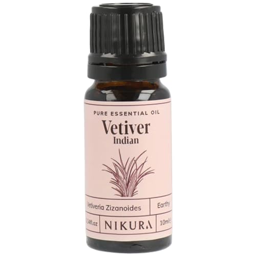 Nikura Vetiver (Indian) Essential Oil - 10ml | 100% Pure Natural Oils | Perfect for Study Focus, Perfume Base, Insect Repellent | Great for Self Care, Diffusers, Aromatherapy | Vegan & UK Made
