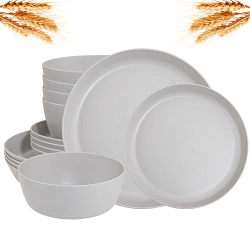 EI 12pcs Wheat Straw Dinnerware Set of 4,Plastic Plates Reuasble Unbreakable,Plastic Plates and Bowls Sets for Camping,Picninc,Family Dinner