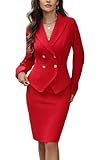 Agenlulu Women's 2 Piece Suits Business Casual Outfits Professional Office Work Long Sleeve Blazer and Pencil Skirt Sets Red