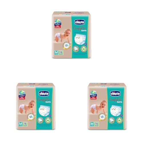 Image of Chicco Comfy-Pro Pant Style Baby Diapers | Anti-bacterial benefits | Ultra Soft & 12hrs protection | Wetness indicator & Disposing Tapes - Medium, 16 Count, 7-12 Kg (Pack of 3)