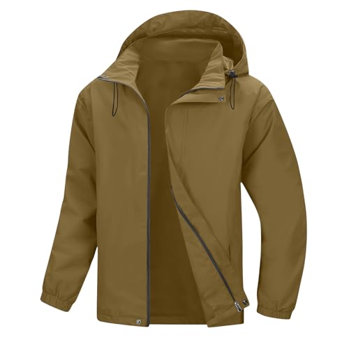 Mens Rain Jackets Waterproof with Hood Lightweight Outdoor Climb Jacket with Pocket Casual Fashion Solid Raincoats Coffee X-Large