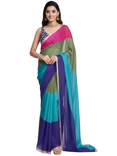 Image of AKHILAM Women's Multicolored Organza Colorblocked Printed Saree With Unstitched Blouse Piece (ALIA1014 AI)