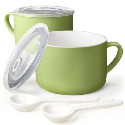 Wareland Soup Bowls with Handles & Spoons, 30oz Ceramic Ramen Bowl with Lid, Large Soup Mugs/Cups for Instant Noodle, Big Cereal Bowls for Oatmeal, Soup Containers with Lids, Set of 2, Grass