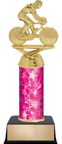 9.75" Cycling Female Bikes Trophies - Custom Engraved Cycling Pink and Silver Star Column Trophy Awards