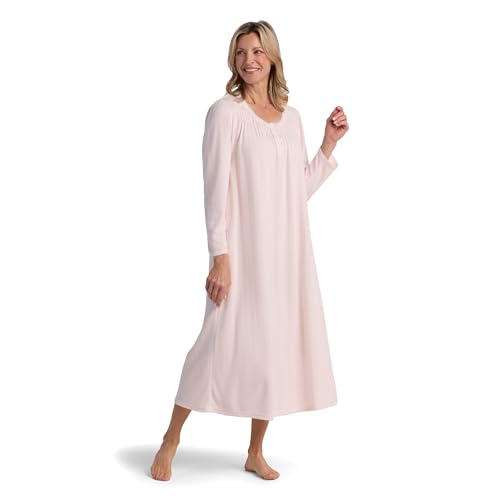 Miss Elaine Women's Long Pointelle Honeycomb Knit Nightgown, Long Sleeve Gown (Small, Light Peach)