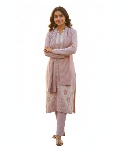 Image of KTI Full Sleeve Knee Length Floral Design Woolen Fabric 3 PC Kurti Set for Women Art NO-94164