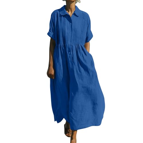 Vestido de verano para mujer, casual, de gran tamaño, de manga corta, con botones, cintura alta, fluido, ligero, cómodo, ropa de descanso, playa, vacaciones, salida, azul, XL