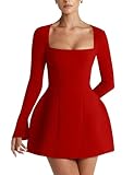 YMDUCH Women's Sexy Long Sleeve Square Neck A-Line Mini Club Prom Dress Red