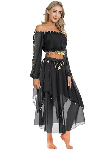 TTAO Costume Danse du Ventre Femme Robe Danse Orientale Haut de Dance Classique Manche Longue et Pantalon Déguisement Indienne Princesse Costume Carnaval Halloween Noir...
