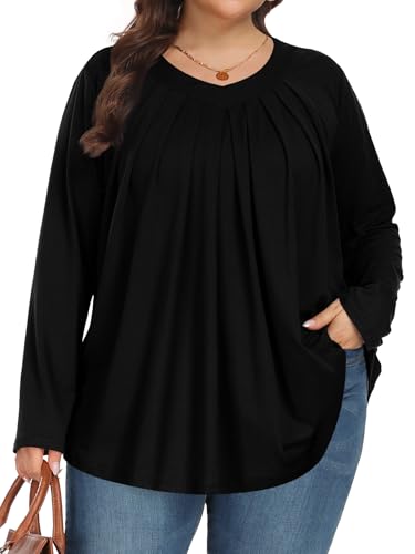 Tencede Womens Plus Size Tops Long Sleeve Shirts V Neck Tunic Blouses 1X-5X2