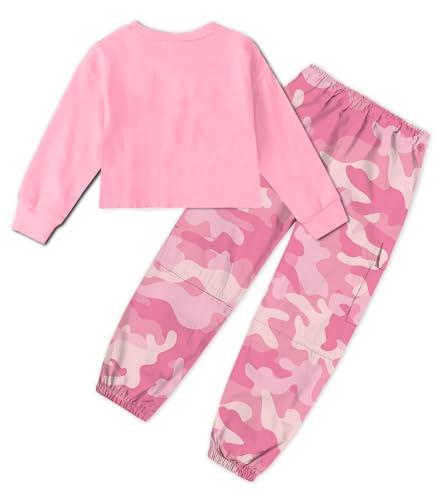 Image of SANGTREE Kids Girls Fashion 2 Piece Clothes Set, Crop Top Cargo Jogger Pants Outfit Hip Hop Dance,Pink+Camouflage red Camouflage, 11-12Y = Tag 160