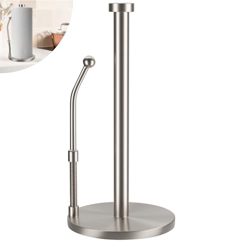 HEFTMAN Silver Kitchen Roll Holder - Paper Towel Holder with Tension Arm and Anti-Slip Weighted Base - Stainless Steel Kitchen Roll Holder Free Standing Scratch-Free Kitchen Roll Dispenser (Silver)