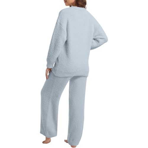 Image of BOSECETA 2 Piece Fleece Pajamas for Women Set Loungewear Outfits Knit Sweater Womens Long Sleeve Fuzzy Pajama Sets