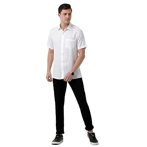 Image of Linen Club Men's Pure Linen White Solid Slim Fit Half Sleeve Casual Shirt
