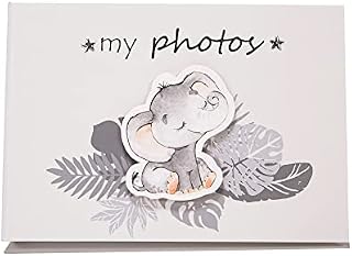 Happy Homewares Cute Baby Elephant Grey Photo Album with Silver Stars and Palm Leaves | New Born Baby or Baby Shower Album | 24 Spaces - 4"x6"