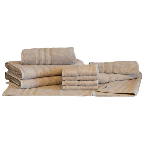 Mosobam Luxury Turkish 10pc Deluxe Bath Bundle Body Hand Face Towel and Mat Light Taupe 700 GSM & 1000 GSM Bamboo Viscose & Aegean Turkish Combed Cotton