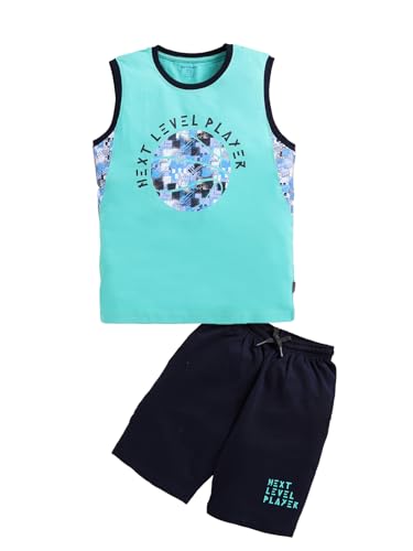 Image of Bumchums Boys Sleeveless Round Neck T-Shirt and Pant Set for Boys, Casual Clothing Set, Trendy and Cute, Graphic
