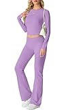 IWOLLENCE Hausanzug Damen Jogginganzug Set Lounge Set 2 Teiler Sportanzug Damen Y2K Outfit Homewear mit Crop Top und Schlaghosen (Lila, M)