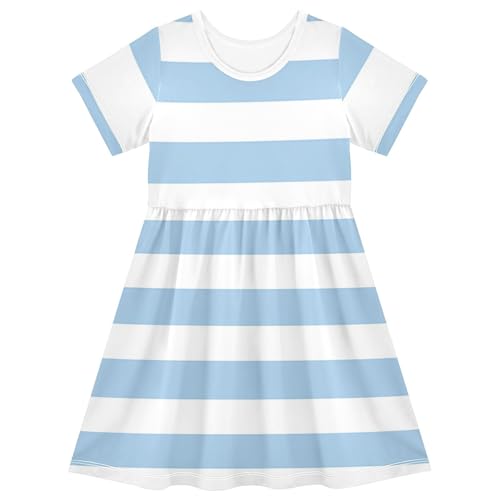 ALAZA Girls' Dresses Blue White Striped Short Sleeve Dresses