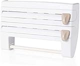 Küchenrollenspender mit Cutter, 3-in-1 Frischhaltefolie und Folienschneider, Servietten- und Handtuchaufbewahrungsregal für glatte Schnittkanten, Wandmontage, Weiß