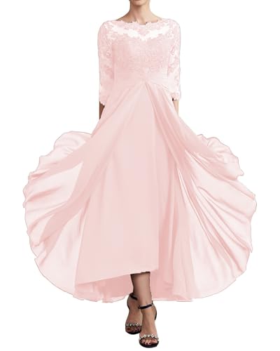 Image of GDJDIFK Mother of the Bride Dress - Pink Tea Length Formal Gown with Lace Applique 3 /4 Sleeve Ruched Waist for Wedding