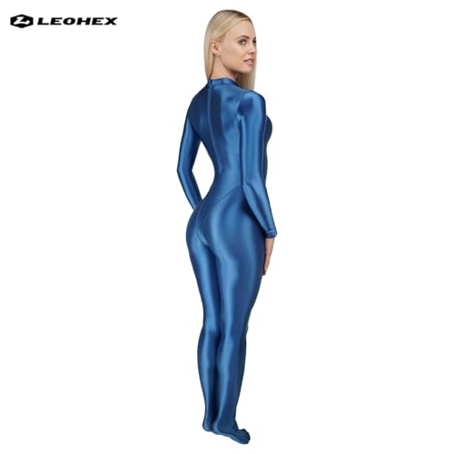 LEOHEX Ganzkörperanzug Damen Glänzender Zentai Verbesserter Stoff Hoch elastischer Spandex Catsuit Weich & Bequem(Blau,XXL)