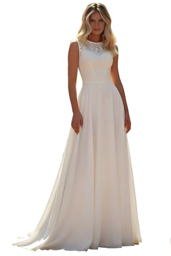 Lace Appliques Wedding Dresses for Bride Long Chiffon High Neck A Line Boho Beach Sleeveless Bridal...