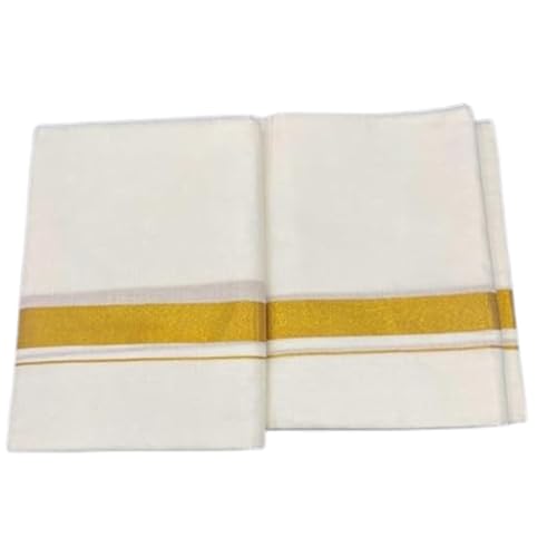 Image of Kerala Kasavu Double Mundu Cotton Dhoti for Men, Cream colour traditional Festival Wear with Gold Zari Border Onam Mundu Ethnic Clothing, Breathable Cotton Kerala Dhoti for Ceremony