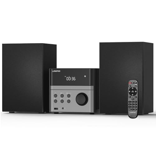 Compact Micro Hi-Fi Stereo System with CD Player, Bluetooth, FM Radio, USB Playback, Aux-Input & Earphone Output, 30W Stereo Sound, Remote Control