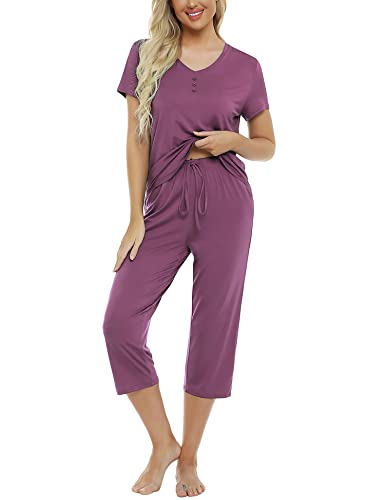 Women's 2 Piece Pajama Set Short Sleeve Top And Capri Pant Fuchsia Xxl #TOP10