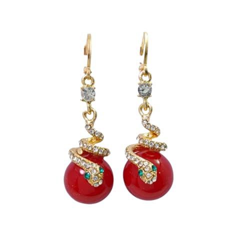 Pendientes de serpiente con perlas, pendientes vintage de serpiente con perlas para mujer, pendientes de serpiente de Año Nuevo para mujer (red)