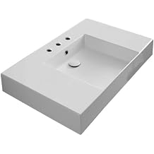 Nameeks Scarabeo 5151-Three Hole Teorema 2.0 Plus 31-1/2" Rectangular Ceramic Wall Mount/Drop In Bathroom Sink with Overflow, Center Basin and 3 Faucet Holes at 8" Centers - White