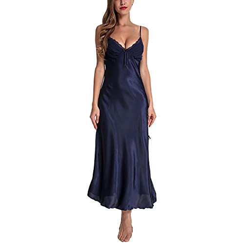 Lu's Chic Women's Satin Nightgown Dress Silk Lace Sleeveless Long Chemise Lingerie Sleepwear Navy Us L (Tag3Xl) #TOP1