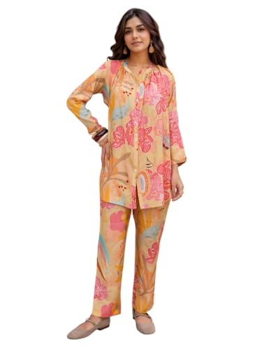 Image of NAINVISH Women's Floral Rayon Blend Co-ord Set | Straight Mandarin Collar Full Sleeve Top & Pant | Elegant Maroon, Blue Styles | Ideal for Casual, Lunch, Evening Outings | Ladies Matching Outfit