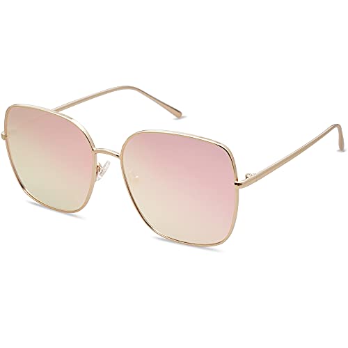 SOJOS Trendy Oversized Square Metal Frame Sunglasses for Women Men Flat Mirrored Lens UV Protection Sunglasses SJ1146 with Shiny Gold Frame/Pink Mirrored Lens