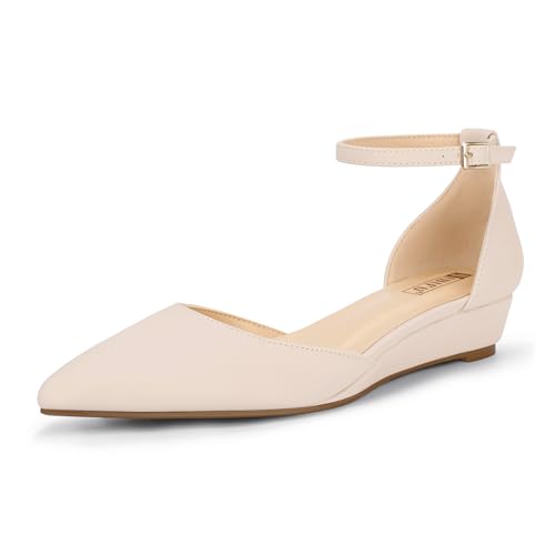 IDIFU Nude Flats Low Wedge Closed Pointed Toe Dress Shoes for Women with Adjustable Ankle Strap Wedding Bridal Graduation Work Comfortable Dressy Casual Formal Flat Shoes(Nude Nubuck, 9)