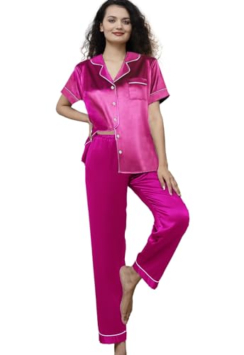 Image of WJing Yi Jia Womens Pajamas Set XS-4XL Floral Silk Satin Pajama Sets Silky Pj Sets 2Pcs Loungewear Sleepwear Button Down Pjs