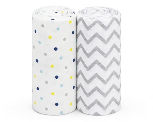 Image of Pure Cotton Muslin Baby Swaddle Blanket for Newborn Baby - Super Soft Wrapper Cloth, Multi-Use Stroller Cover & Gentle on Baby Skin (120 x 120 CM) - Pack of 2 | Grey DOT & Grey Zigzag