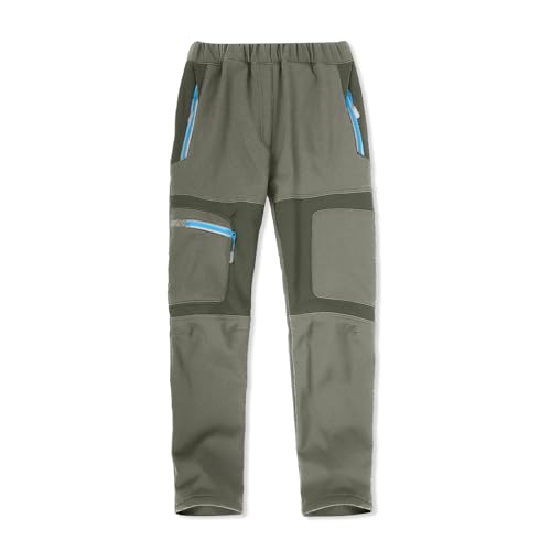 SUKUTU Dziecięce spodnie softshell na jesień i zimę, spodnie trekkingowe dla chłopców i dziewczynek, z podszewką polarową, ciepłe spodnie do wędrówek po śniegu, wojskowa zieleń, 152-158