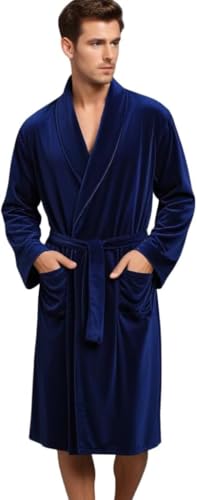 Men’s Navy Blue Velvet Robe – Classic Shawl Collar Dressing Gown – Luxury Lounge Wear with Belt