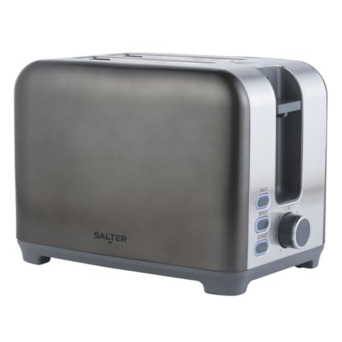 Salter EK4536GUNMETAL Cosmos 2-Slice Electric Toaster –7 Levels of Variable Browning Control, Defrost, Reheat and Cancel Functions, Removable Crumb Tray for Easy Cleaning, Indicator Lights, 930W, Grey