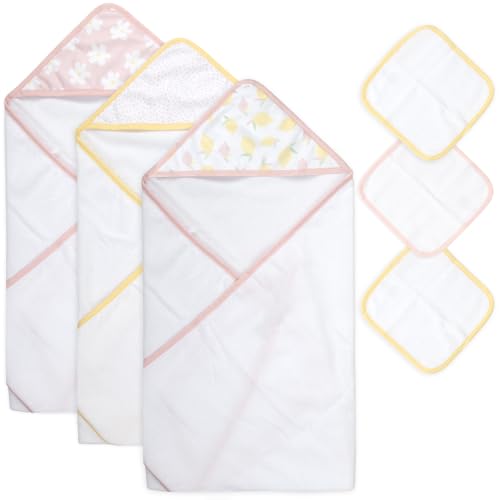 Image of Jessica Simpson Baby 6-Piece Hooded Towel & Washcloth Set - Soft Polyester Bath Towels - Pink Stars & Hearts Design (Lemons & Floral)