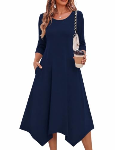 Image of Zeagoo Midi Dresses Women 2026 Dress 3 /4 Sleeve Casual Dresses with Pockets A Line Summer Beach Sundress