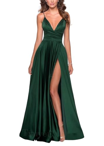 Tvuyet Elegant Long Prom Dresses for Women Ball Gown 2025 Satin Vneck Formal Dresses for Women with Slit Emerald Green 12